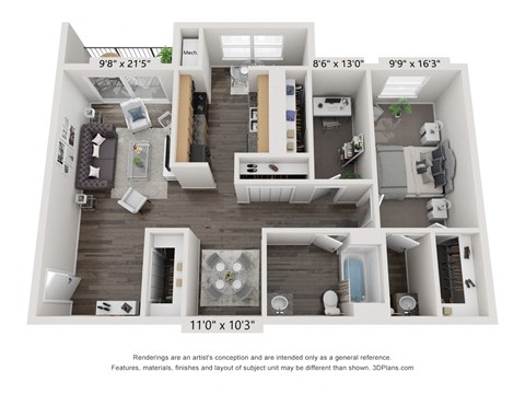 Floor plan for 2 beds, 1.5 baths, 960 sqft